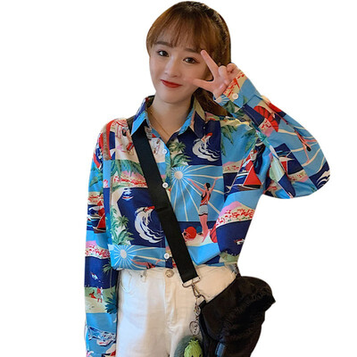 

Female Cardigan Tops Casual Long Sleeve Turn-down Collar Shirt Blusa Women Fashion Personality Printed Loose Blouse Shirt