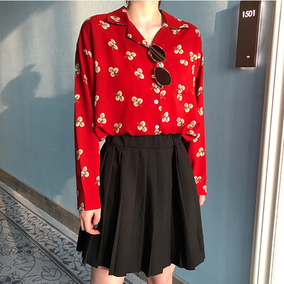 

Womens Sweet Blouse Autumn 2019 New Fashion Long Sleeve Button Down Blouse Leaves Print Turn Down Collar Loose Chiffon Blouse