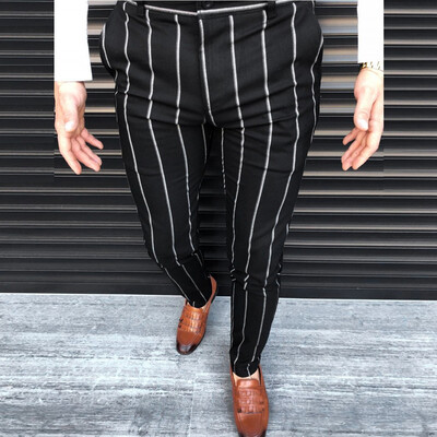 

Gobestart Fashion Men Casual Business Slim Fit Striped Print Zipper Long Pants Trousers