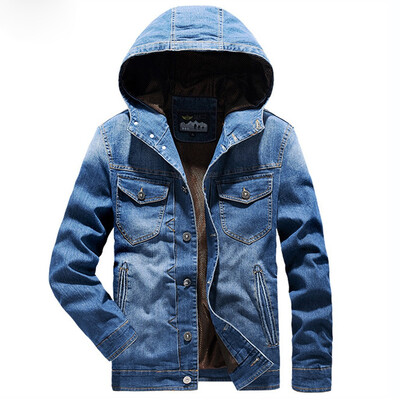 

Toponeto Mens Autumn Winter Casual Solid Turn-down Collar Denim Hooded Jacket Coat