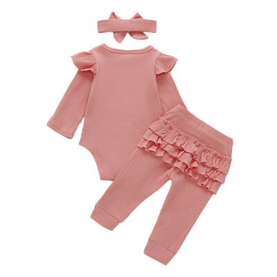 

0-18M Spring Autumn Casual Newborn Baby Girl Clothes Romper T-shirt TopPants LeggingsBow Headbands Kids 3pcs Outfit Set