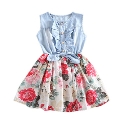 

Toddler Girls Dress Kids Girl Denim Dresses Summer Chidlren Clothes Baby Sleeveless Print Flower Princess Vestidos Dress