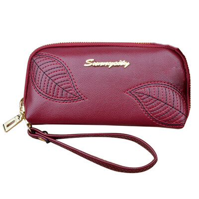 

Leaf Embroidery Women Long Purse Phone Cash Holder Faux Leather Clutch Wallet