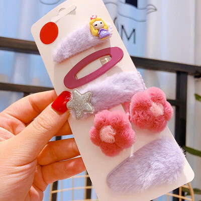 

Baby Children Clips 3-12T New Autumn Winter Candy Color Plush Princess Cartoon Imitation Flower Hair Duckbill Clips 5 Pieces