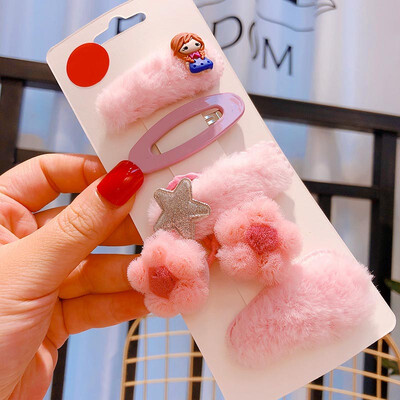 

Baby Children Clips 3-12T New Autumn Winter Candy Color Plush Princess Cartoon Imitation Flower Hair Duckbill Clips 5 Pieces