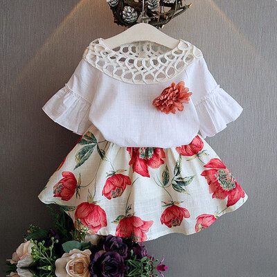 

2019 Summer Toddler Kids Baby Girls Clothes Round Neck Pullover Short Sleeve T-shirts Floral Print Skirts 2PC Cotton Casual Set