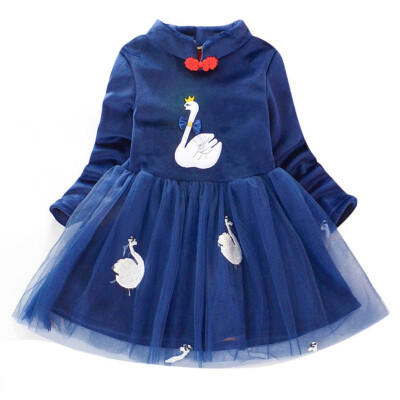 

Autumn Kids Dresses For Girls Chinese Traditional Dress Cute Mesh Stitching Plus Velvet Embroidery Swan Collar Princess Dress