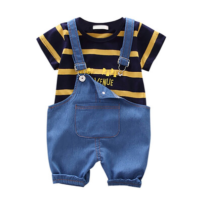

Boy Shorts Set Sleeve Stripe Letter Print Tops Blouse Shirt Denim Suspender Pants Children Casual Outfits Sets