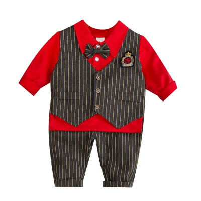 

Autumn Baby Boy Girl British Style Striped Long Sleeve Shirt Striped Vest Trousers Casual Outfits Three-Piece Suit