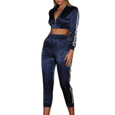 

Side Stripe Long Sleeves Zipper Corp Top And Calf-length Pants Set Female Fashion Sporting Wear Women 2 Piece Set Women Sets