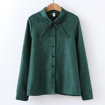 

Sweet Women Bow Tie Collar Long Sleeve Corduroy Autumn Spring Blouses Buttons Fresh Solid Color Shirts Female casual Tops