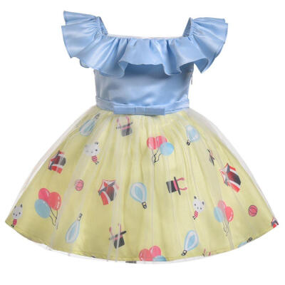 

2018 Summer Children New Style Amusement Park Cute Pattern Printed Petal Sleeve A Line Dress For 1-6 T