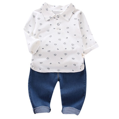 

Autumn Shirt Trouser Set Children Baby Boys Casual Long Sleeve Crown Pattern Shirt TopsDenim Pants Set