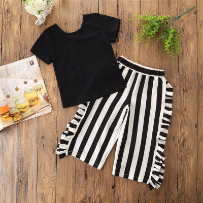 

2018 Summer Girl Clothes Set Fashion Black Solid T-shirtStriped Wide Leg Pants 2pcs Suit Hot Child Clothing