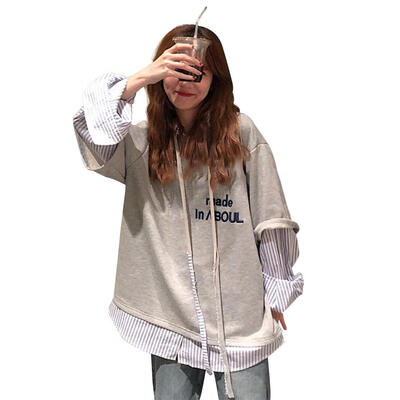 

Women Long Sleeve Stitching Striped Drawstring Fake Two-Piece Hoodies Coat