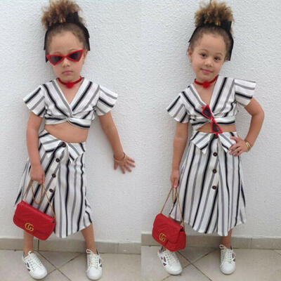

UK Kids Baby Girls Sleeveless Crop TopsA-line Skirt Striped Clothes Outfit Set