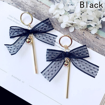 

1 Pair Charm Elegant Women Alloy Lace Embroidery Bow Silk Ribbon Long Earrings