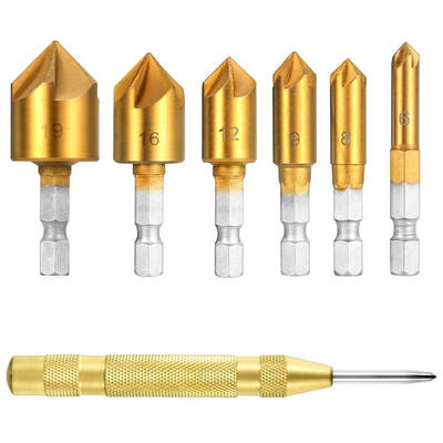 

6pcs 689121619mm Hexagonal Shank Five-Blade Chamferring Countersink Drill Bits with Punch Carbon Steel Tools