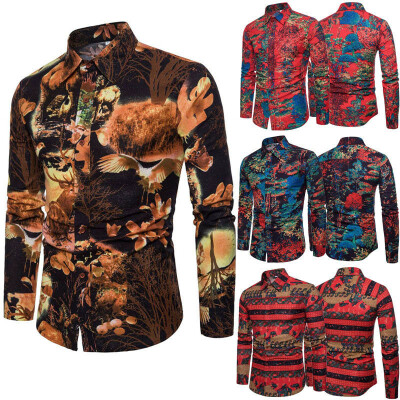 

Slim Fit Casual Shirt Men Luxury Long Sleeve Tops 3D Floral Print Tee Shirts