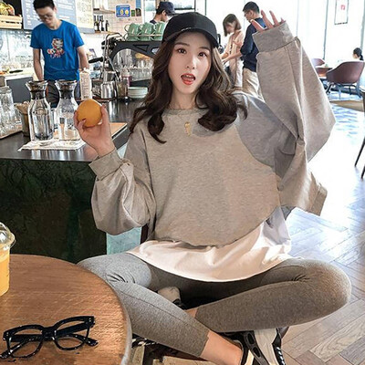 

Women Loose Fake Two-piece Sweater Simple Long Section Slim Tops Casual Solid Color Body Pants Two-Piece Suit