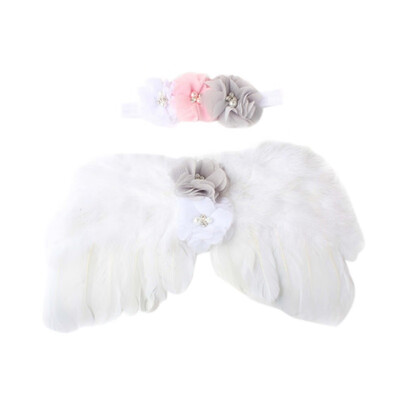 

Newborn Baby Angel Feather Wing With Lace Flower Headband Set Photo Props Outfit Costume