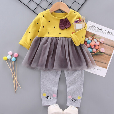 

Spring Autumn Casual Baby Girls Cute Dot Printing Patchwork Design Long Sleeve Dress With Leggings Sundress Casual Two-pieceSet