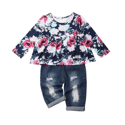 

Toddler Kids Baby Girls Flower Tops Denim Pants Winter Outfits Clothes