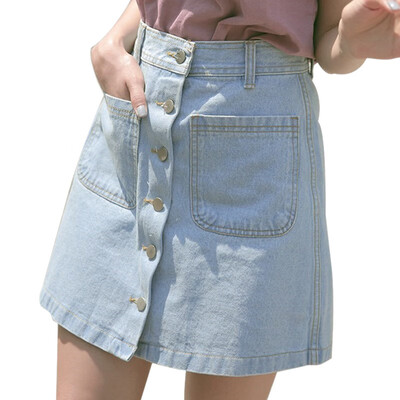 

New Summer Womens ladies A-line Pencil Jeans Skirt Front Button Casual High Waist Denim Small Pockets Skirt Harajuku