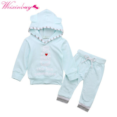 

2018 2 pcsSet Fashion Newborn Pure Colors Baby Boy Girl Long Sleeve Hoodie Milk bottle Top Striped Pants Outfits Clothes Set