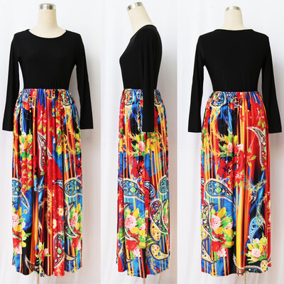 

Women Maxi Long Dress Print Long Sleeves Pockets Elastic High Waist Plus Size Autumn Dress Vestidos