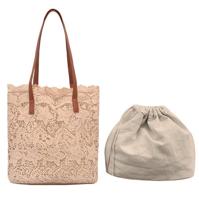 

2PcsSet Large Capacity Fashion Women Hollow Lace Tote Handbag Drawstring Bag