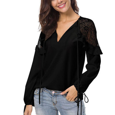 

Womens Tops And Blouses Black White Clothing Long Sleeve Ruffle Shoulder Chiffon Lace Blouse Femme Blusas Femininas