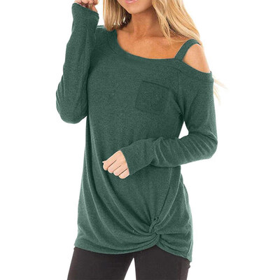 

Women Loose Solid Color Twist Knot Off Shoulder Long Sleeve T-Shirt Tunic Top