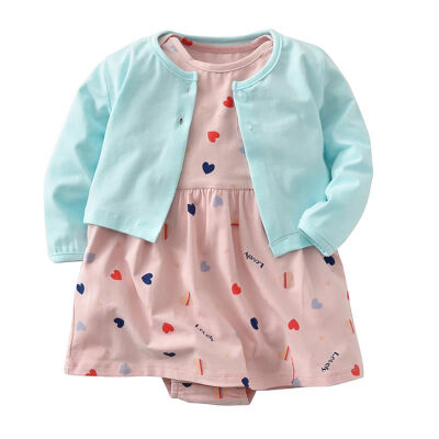 

Baby Girl Clothes Infant Cue Flower Deer Heart Print Dress with Solid Open Stitch Coat Set Childrens Clothing For Girl