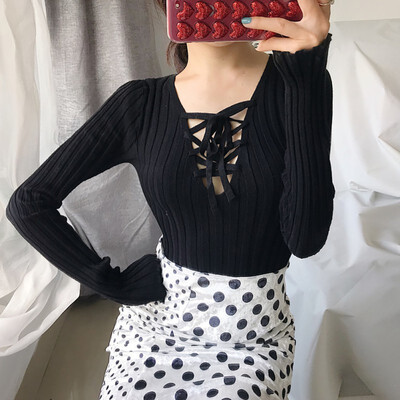 

Sweet Drawstring Tops Bow Tie Women Sweater Tops Spring Autumn Knitwear Solid Color Sexy V Neck Loose Long Sleeve Sweater