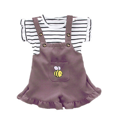 

Baby girl clothes set 2PCS striped short sleeve t-shirt cartoon bee bibs pants set