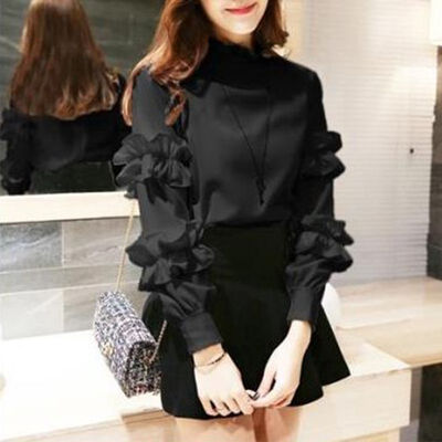 

Stand Petal Full Sleeve Trim Solid Color Chiffon Blouses Women Casual Fashion Sweet Top Shirts