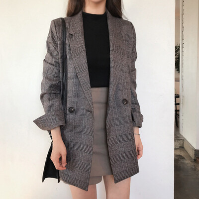 

Women Casual Vintage Check Coat Autumn Cotton Long Sleeve Plaid Blazer Ladies Checkered Jacket