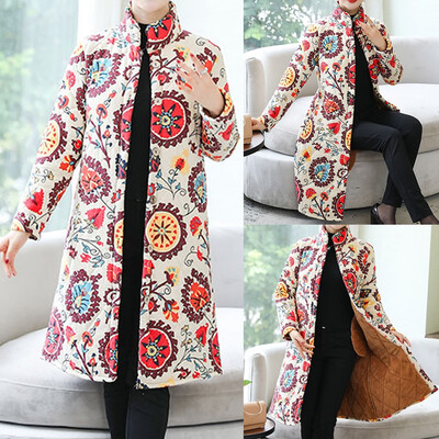 

Tailored Fashion Women Round Collar Warm Retro Printing Top Long Sleeve Blouse Loose Coat