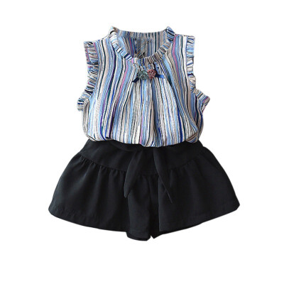 

Baby Girls clothes Set Fashion Striped Chiffon Sleeveless Tops Foreign Shorts Two-Piece Set