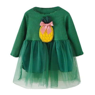 

Autumn Casual Baby Girls Pineapple Pattern Long Sleeve Patchwork Mesh Dress Kids Princess Dress