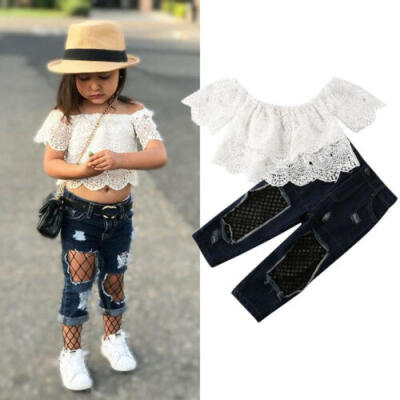 

US Toddler Kids Baby Girl Off Shoulder Lace TopsJeans Pants 2PCS Outfit Clothes