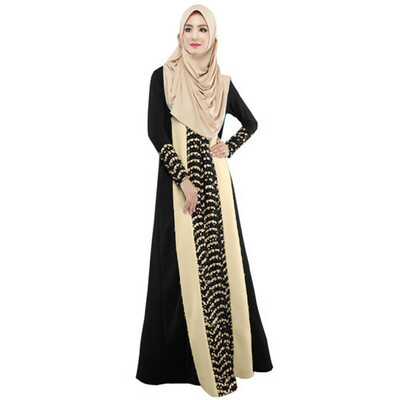 

New Fashion Women Muslim Maxi Dress Contrast Color Pitches Long Sleeve Abaya Kaftan Islamic Indonesia Robe Long Dress
