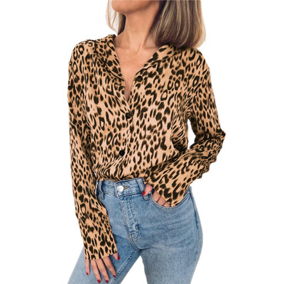 

Fashion Women Long Sleeve Sexy Leopard Blouse V Neck Chiffon Shirt Ladies Loose OL Party Top blusas femininas elegante Plus Size