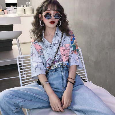 

Womens Vintage Map Printed Shirts Casual Short Sleeve Single Breasted Plus Size Ladies Blouse