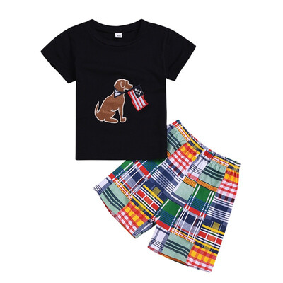 

2PcsSet Summer Children Baby Boys Casual Short Sleeve Animal Dog Print T-shirt TopsPlaid Shorts Suits Costume Set