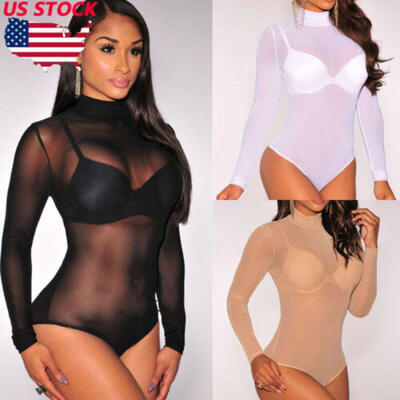 

Women Bodysuit Bodycon Jumpsuit Romper Leotard Tops Blouse Playsuit Sheer Sleeve