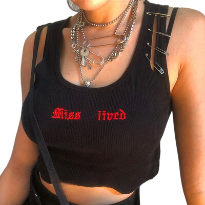 

Vest Summer Beach Party Sleeveless V-Neck Letter Embroidery Pin Vest Solid Color Hollow Sports Umbilical Top Vest