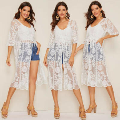 

Women Lace Kimono Cardigan Long Loose Blouse Floral Beach Cover Up Coats Tops