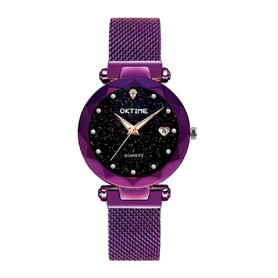 

Bright Stars Ladies Heart-shape Watch with Calendar Star Dial Mesh Band Watches Purple